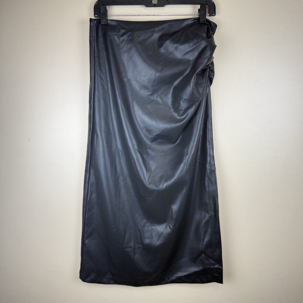 Commense Faux Leather Ruched Slit Midi Skirt Minimalist & Night Out, New - Picture 2 of 11
